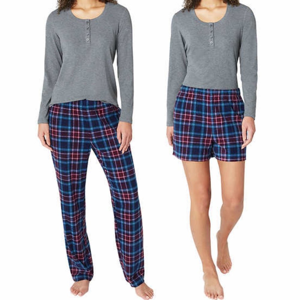 NWT Eddie Bauer Ladies' 3-Pc Waffle Fleece PJ Set Gray Henley + Shorts & Pants S